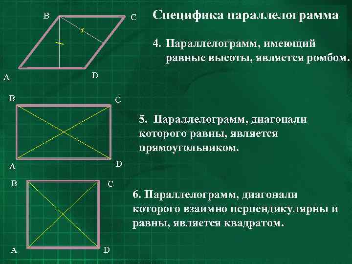 B C Специфика параллелограмма 4. Параллелограмм, имеющий равные высоты, является ромбом. D A B