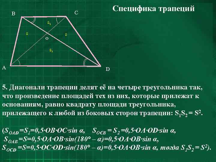 Специфика трапеций C B s 1 s s o s 2 A D 5.