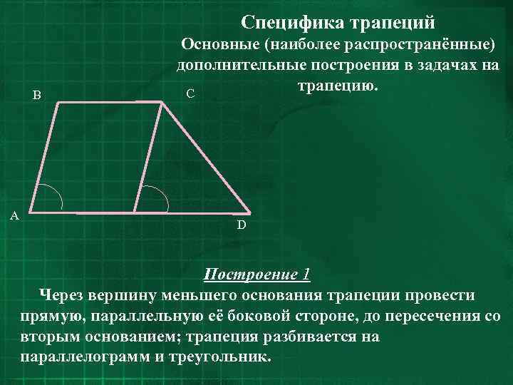 Специфика трапеций B A Основные (наиболее распространённые) дополнительные построения в задачах на трапецию. C
