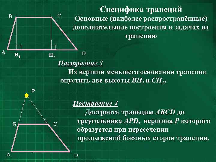 C B A H 1 Специфика трапеций Основные (наиболее распространённые) дополнительные построения в задачах