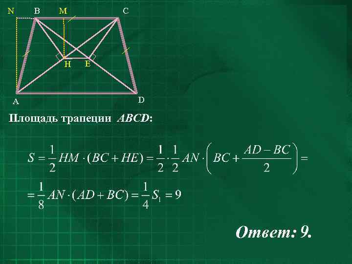 N B M H A C E D Площадь трапеции ABCD: Ответ: 9. 