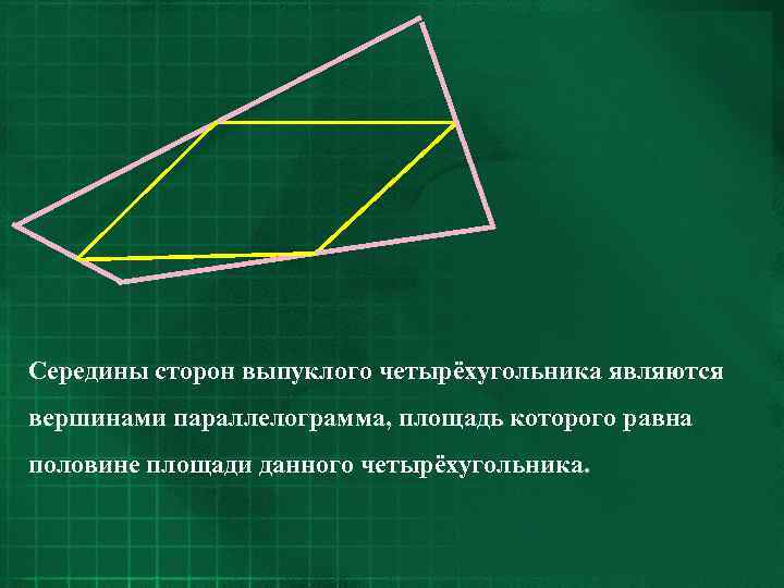 Середины сторон выпуклого четырёхугольника являются вершинами параллелограмма, площадь которого равна половине площади данного четырёхугольника.