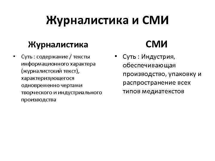 Журналистика и СМИ Журналистика СМИ • Суть : содержание / тексты информационного характера (журналистский