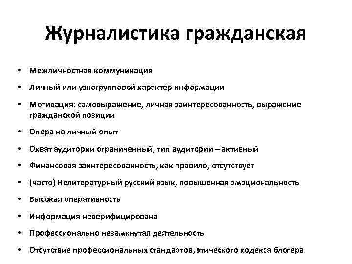 Журналистика гражданская • Межличностная коммуникация • Личный или узкогрупповой характер информации • Мотивация: самовыражение,