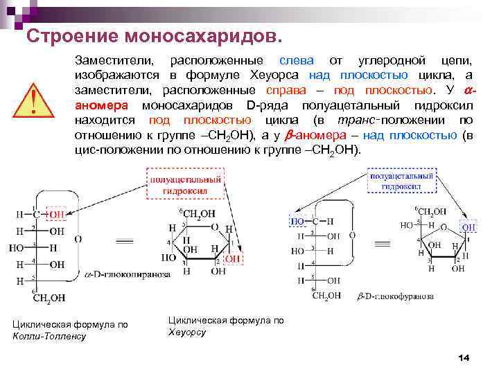 Строение моносахаридов. Заместители, расположенные слева от углеродной цепи, изображаются в формуле Хеуорса над плоскостью