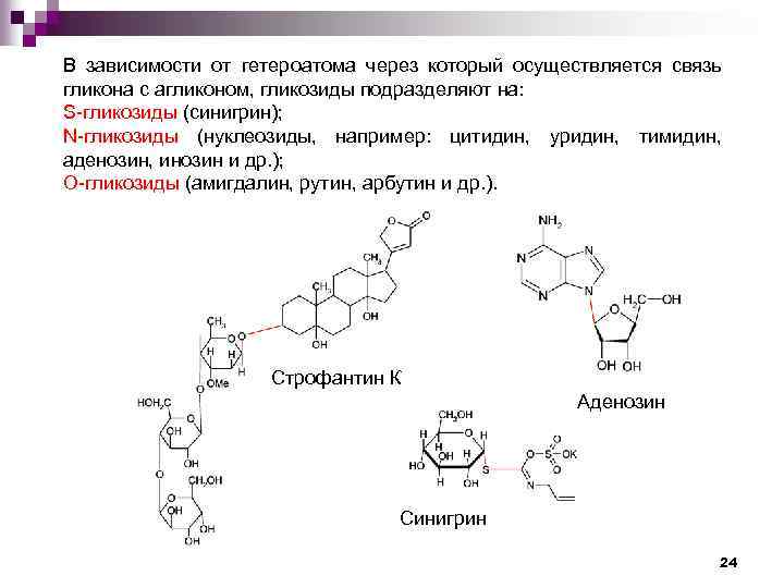 В зависимости от гетероатома через который осуществляется связь гликона с агликоном, гликозиды подразделяют на:
