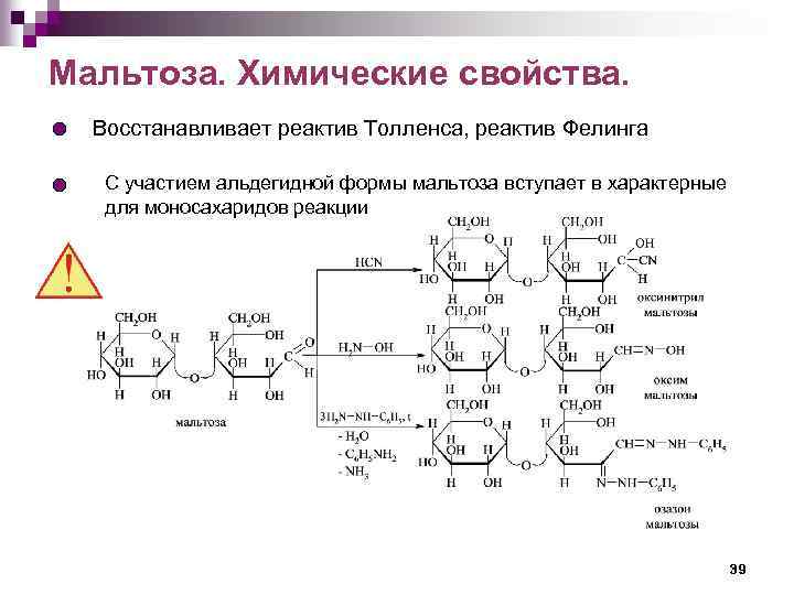 Мальтоза. Химические свойства. Восстанавливает реактив Толленса, реактив Фелинга С участием альдегидной формы мальтоза вступает