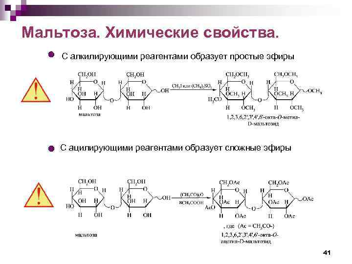 Мальтоза. Химические свойства. С алкилирующими реагентами образует простые эфиры С ацилирующими реагентами образует сложные