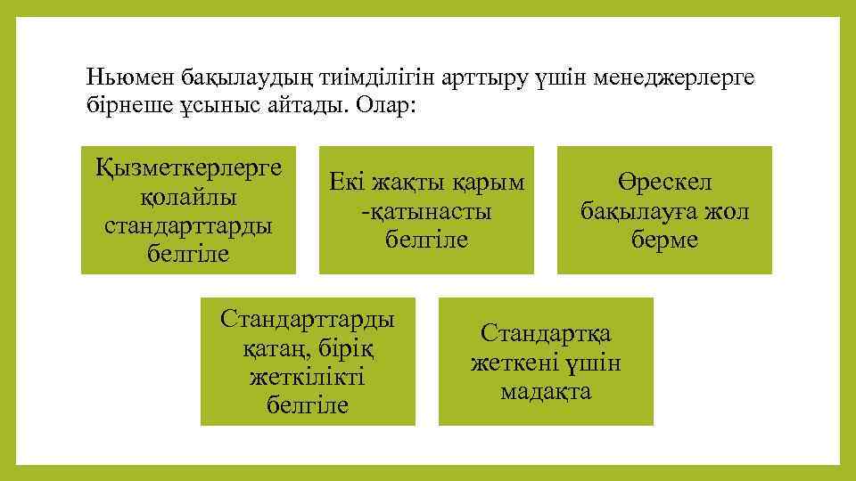 Ньюмен бақылаудың тиімділігін арттыру үшін менеджерлерге бірнеше ұсыныс айтады. Олар: Қызметкерлерге қолайлы стандарттарды белгіле