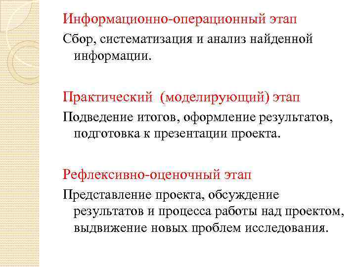 Информационно-операционный этап Сбор, систематизация и анализ найденной информации. Практический (моделирующий) этап Подведение итогов, оформление