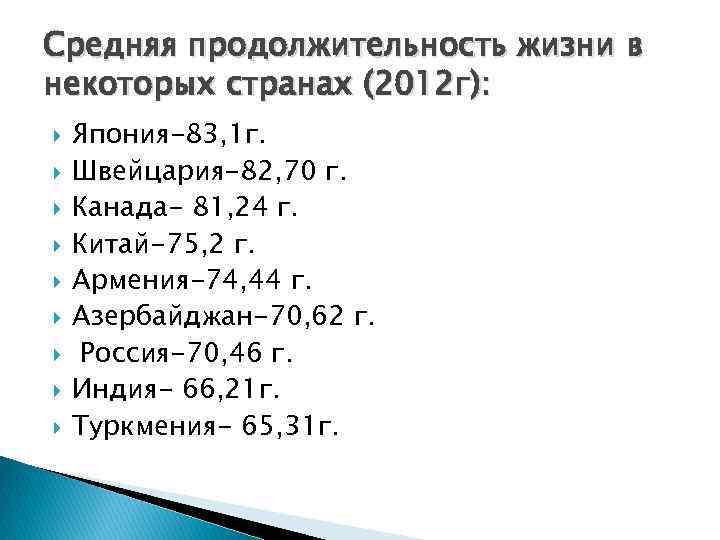 Средняя продолжительность жизни в некоторых странах (2012 г): Япония-83, 1 г. Швейцария-82, 70 г.