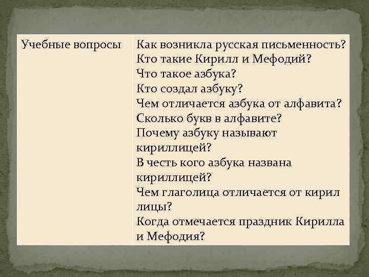 Учебные вопросы Как возникла русская письменность? Кто такие Кирилл и Мефодий? Что такое азбука?