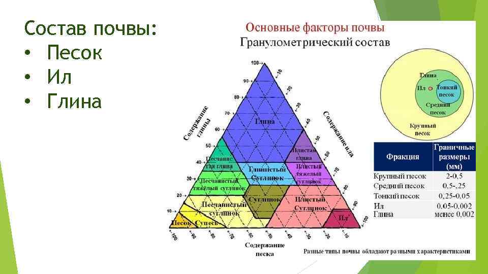 Состав почвы: • Песок • Ил • Глина 