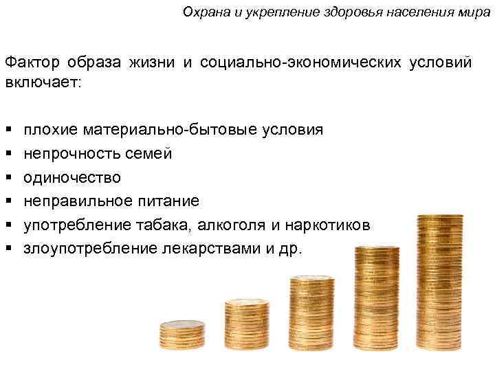 Охрана и укрепление здоровья населения мира Фактор образа жизни и социально-экономических условий включает: §