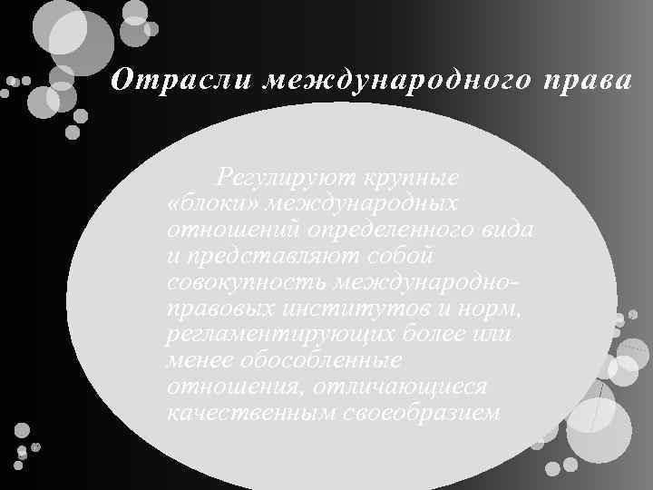 Отрасли международного права Регулируют крупные «блоки» международных отношений определенного вида и представляют собой совокупность