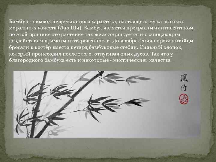 Бамбук - символ непреклонного характера, настоящего мужа высоких моральных качеств (Лао Ши). Бамбук является