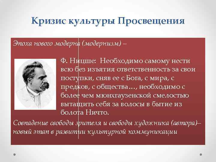 Кризис культуры Просвещения Эпоха нового модерна (модернизм) – Ф. Ницше: Необходимо самому нести всю