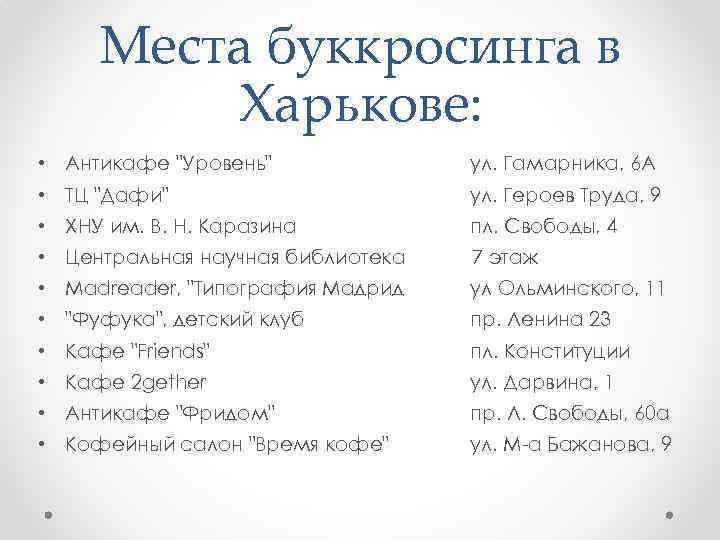 Места буккросинга в Харькове: • Антикафе "Уровень" ул. Гамарника, 6 А • ТЦ "Дафи"