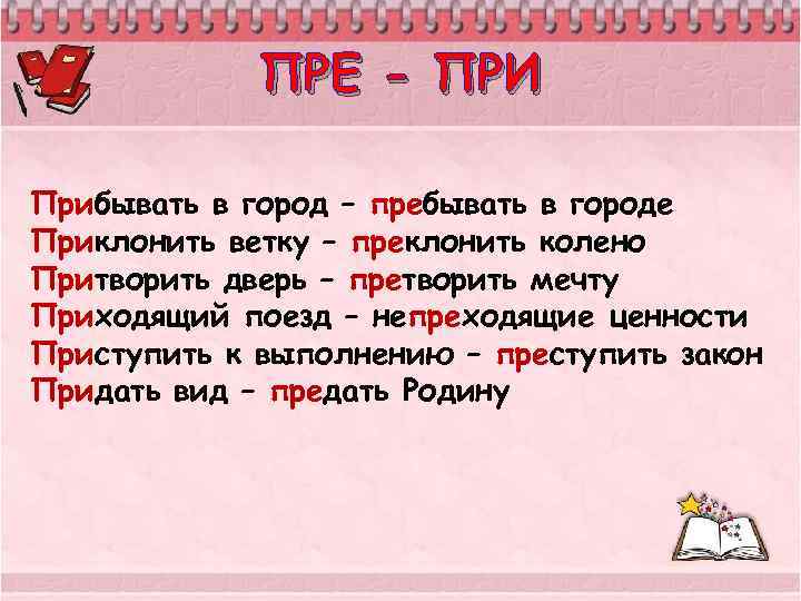 ПРЕ - ПРИ Прибывать в город – пребывать в городе Приклонить ветку – преклонить