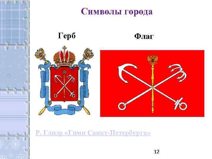 Символы города Герб Флаг Р. Глиэр «Гимн Санкт-Петербурга» 12 