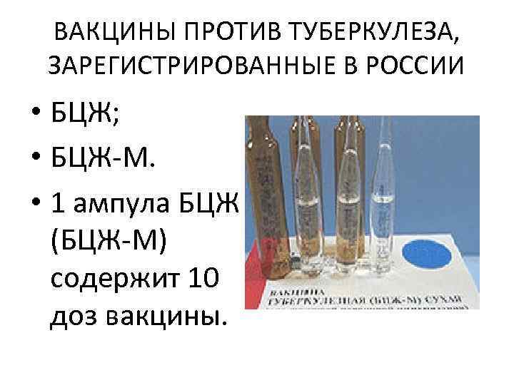 ВАКЦИНЫ ПРОТИВ ТУБЕРКУЛЕЗА, ЗАРЕГИСТРИРОВАННЫЕ В РОССИИ • БЦЖ; • БЦЖ-М. • 1 ампула БЦЖ