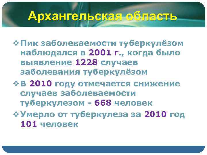 Архангельская область v Пик заболеваемости туберкулёзом наблюдался в 2001 г. , когда было выявление