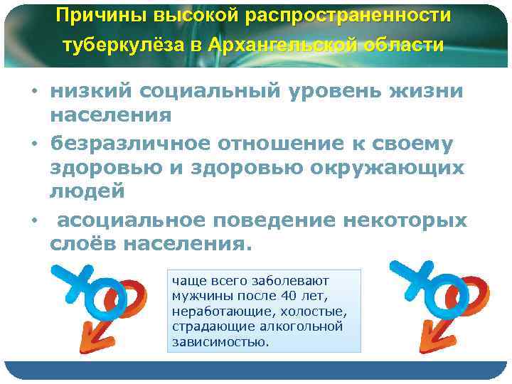 Причины высокой распространенности туберкулёза в Архангельской области • низкий социальный уровень жизни населения •