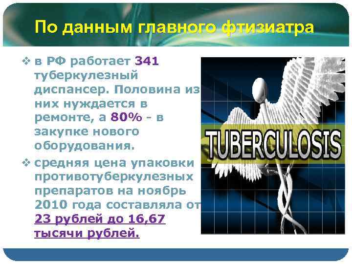 По данным главного фтизиатра v в РФ работает 341 туберкулезный диспансер. Половина из них