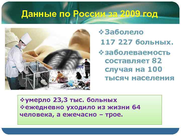 Данные по России за 2009 год v Заболело 117 227 больных. v заболеваемость составляет