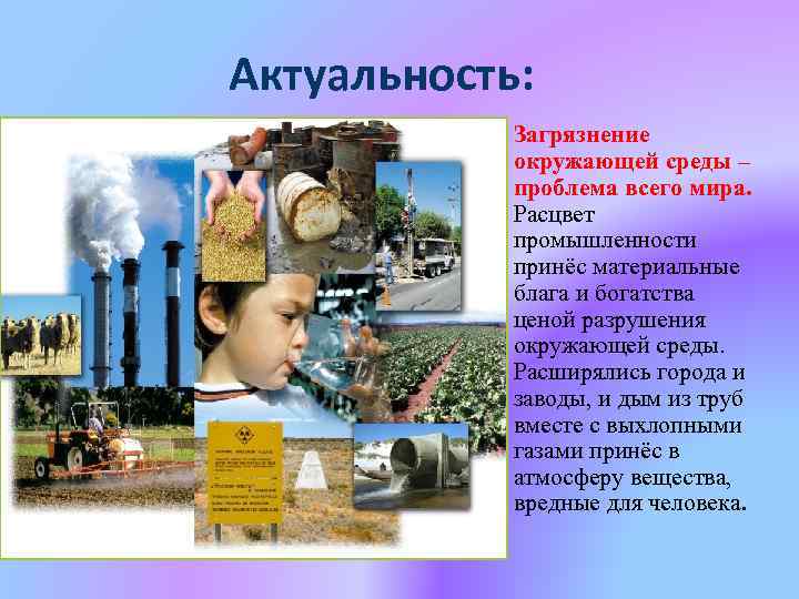 Актуальность: Загрязнение окружающей среды – проблема всего мира. Расцвет промышленности принёс материальные блага и
