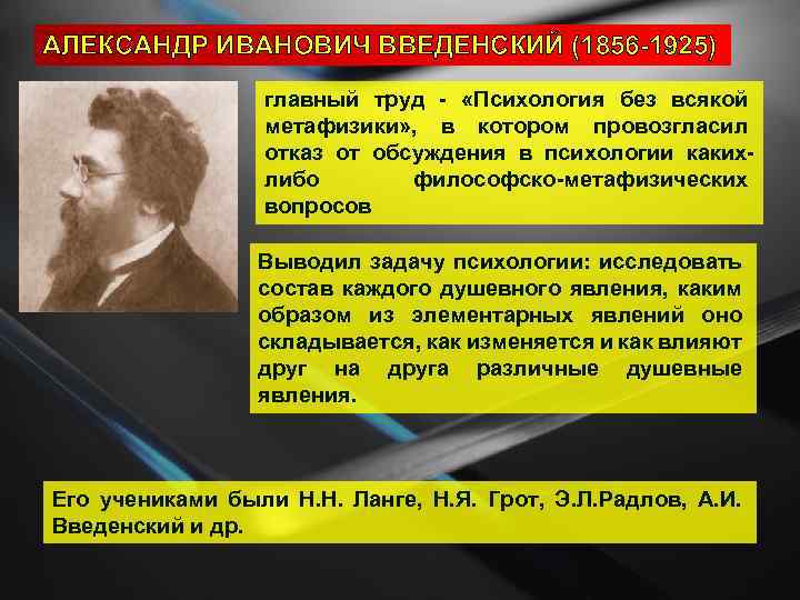 АЛЕКСАНДР ИВАНОВИЧ ВВЕДЕНСКИЙ (1856 -1925) главный труд - «Психология без всякой метафизики» , в
