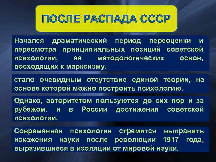 ПОСЛЕ РАСПАДА СССР Начался драматический период переоценки и пересмотра принципиальных позиций советской психологии, ее