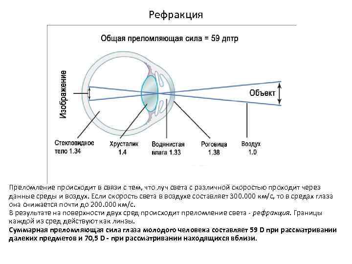 Схема преломления лучей хрусталиком глаза при рассматривании близко и далеко