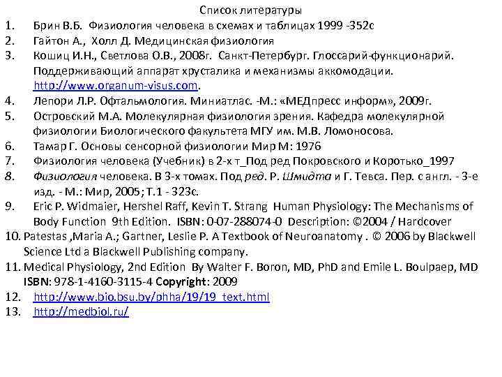 Список литературы 1. Брин В. Б. Физиология человека в схемах и таблицах 1999 -352
