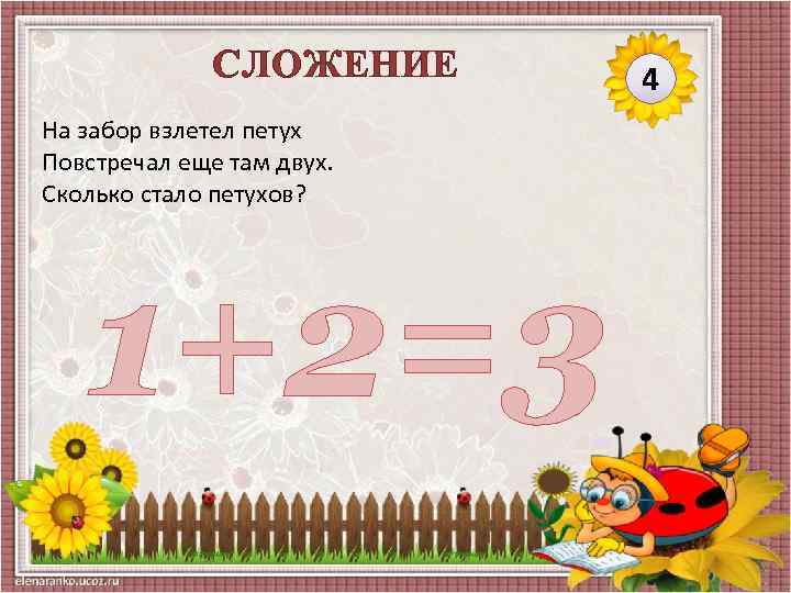 СЛОЖЕНИЕ На забор взлетел петух Повстречал еще там двух. Сколько стало петухов? 1+2=3 4