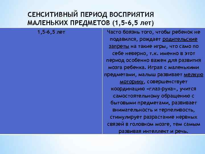 СЕНСИТИВНЫЙ ПЕРИОД ВОСПРИЯТИЯ МАЛЕНЬКИХ ПРЕДМЕТОВ (1, 5 -6, 5 лет) 1, 5 -6, 5