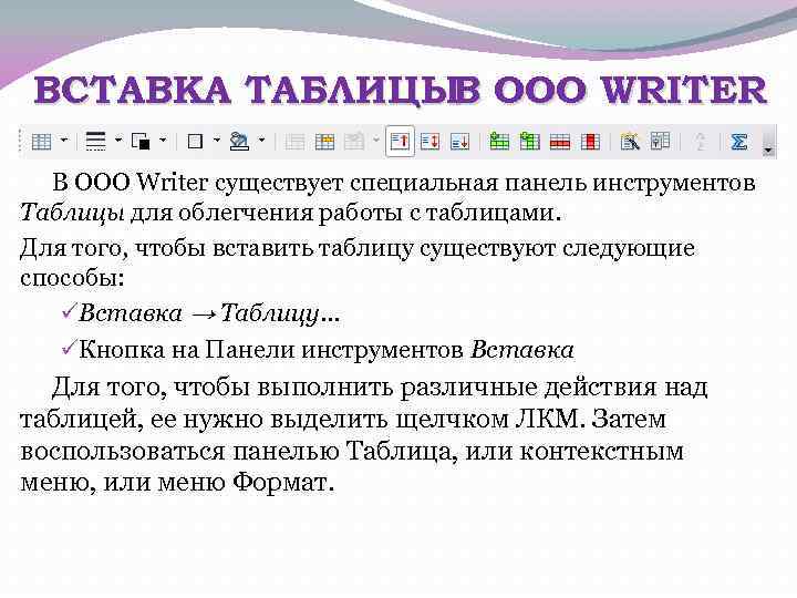 ВСТАВКА ТАБЛИЦЫВ OOO WRITER В OOO Writer существует специальная панель инструментов Таблицы для облегчения