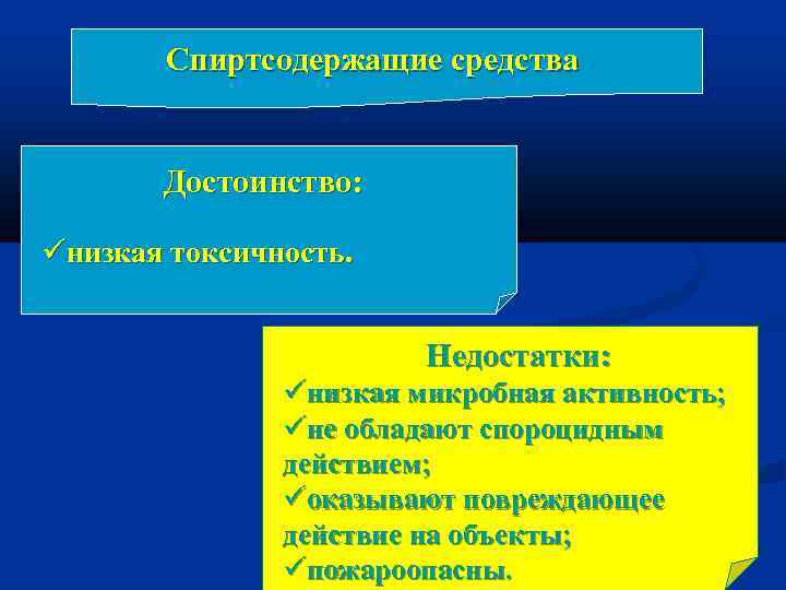 Спиртсодержащие средства Достоинство: низкая токсичность. Недостатки: низкая микробная активность; не обладают спороцидным действием; оказывают