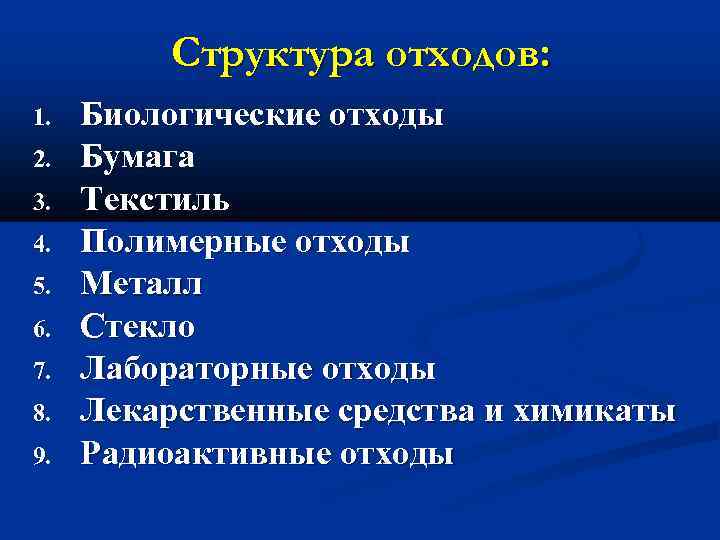 Структура отходов: 1. 2. 3. 4. 5. 6. 7. 8. 9. Биологические отходы Бумага