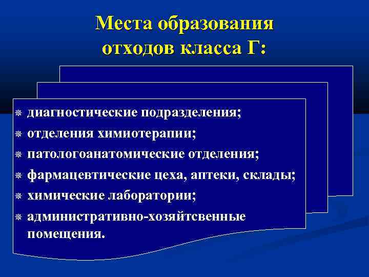 Места образования отходов класса Г: диагностические подразделения; отделения химиотерапии; патологоанатомические отделения; фармацевтические цеха, аптеки,