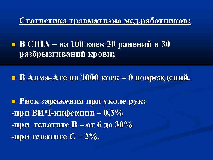 Статистика травматизма мед. работников: В США – на 100 коек 30 ранений и 30