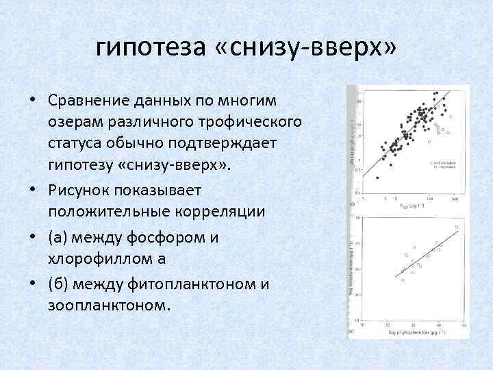 гипотеза «снизу-вверх» • Сравнение данных по многим озерам различного трофического статуса обычно подтверждает гипотезу