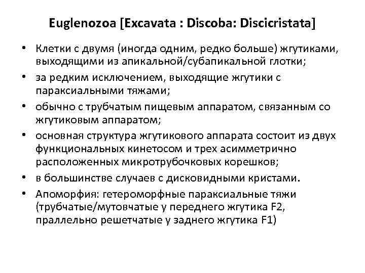 Euglenozoa [Excavata : Discoba: Discicristata] • Клетки с двумя (иногда одним, редко больше) жгутиками,