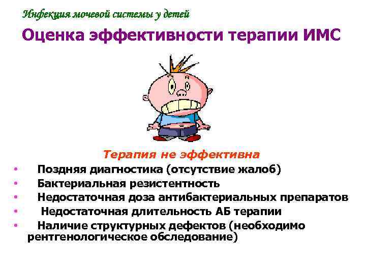 Инфекция мочевой системы у детей Оценка эффективности терапии ИМС • • • Терапия не