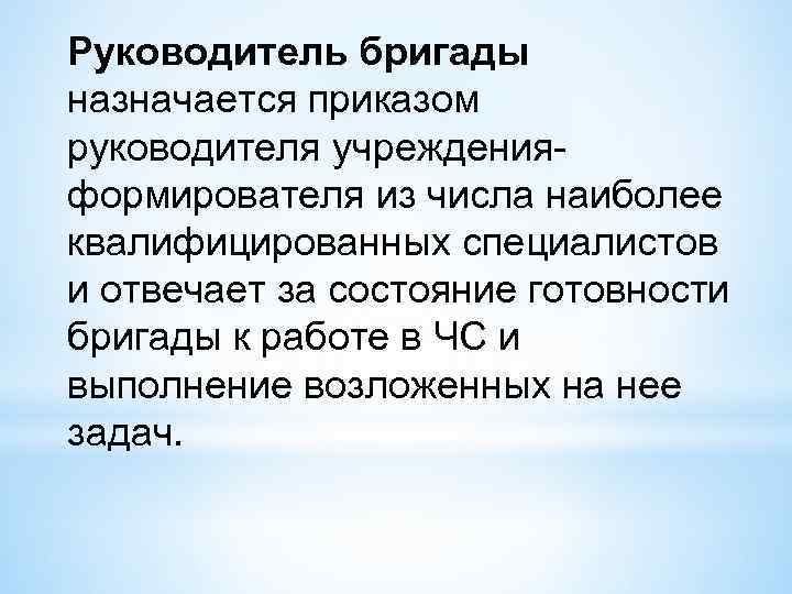 Руководитель бригады назначается приказом руководителя учрежденияформирователя из числа наиболее квалифицированных специалистов и отвечает за