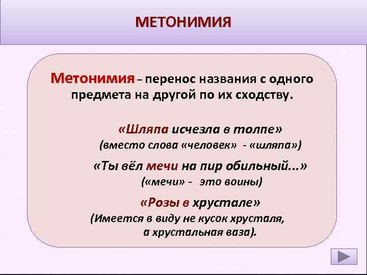 МЕТОНИМИЯ Метонимия – перенос названия с одного предмета на другой по их сходству. «Шляпа