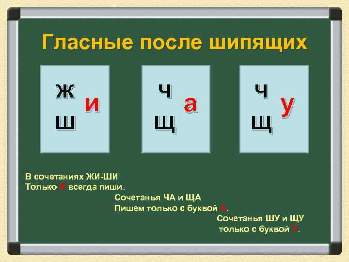 Гласные после шипящих ж и ш ч а щ ч у щ В сочетаниях