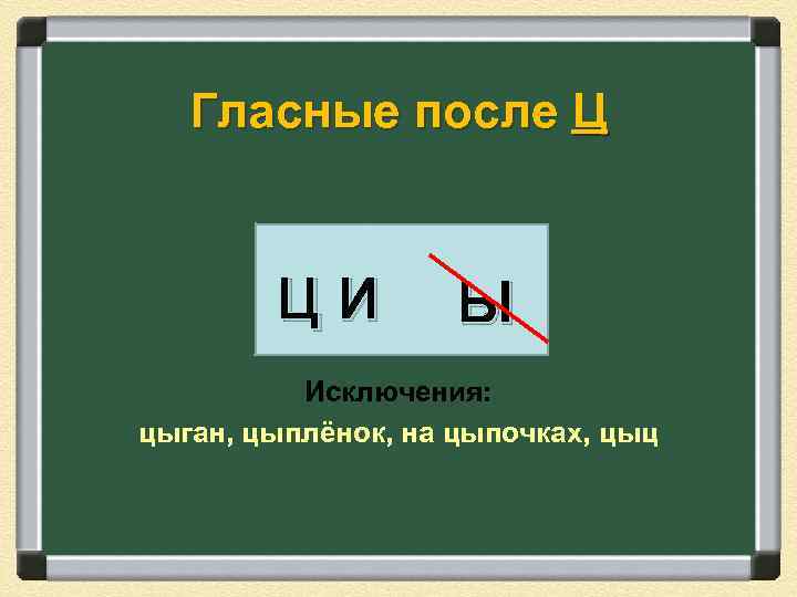 Гласные после Ц ЦИ Ы Исключения: цыган, цыплёнок, на цыпочках, цыц 