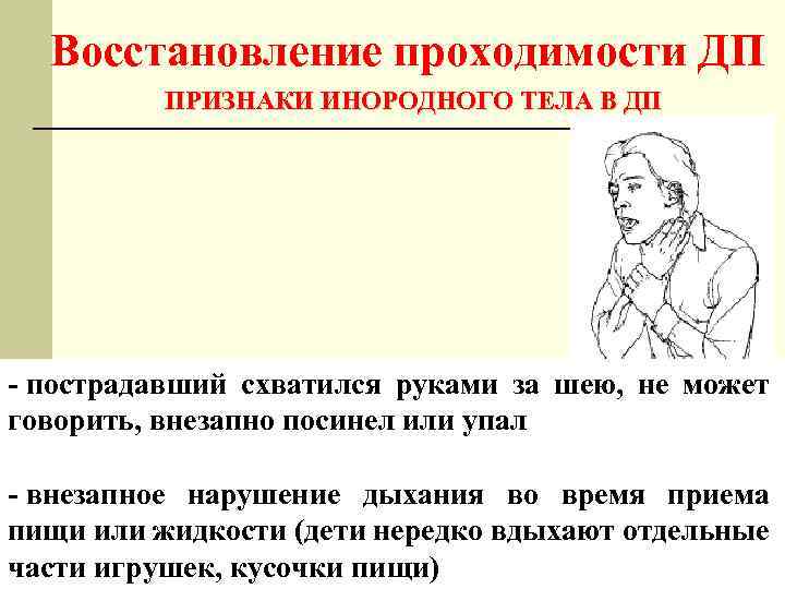 Восстановление проходимости ДП ПРИЗНАКИ ИНОРОДНОГО ТЕЛА В ДП - пострадавший схватился руками за шею,