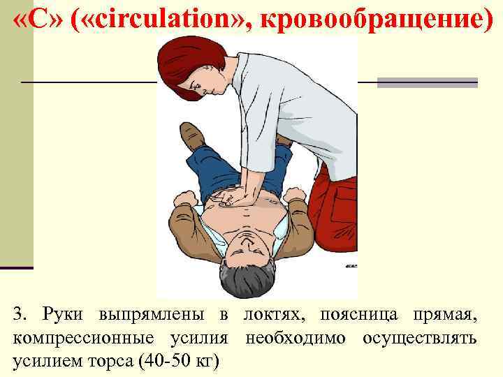  «С» ( «circulation» , кровообращение) 3. Руки выпрямлены в локтях, поясница прямая, компрессионные